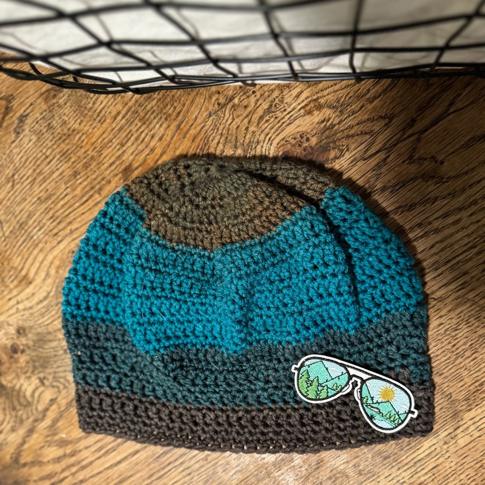 HandMade “Multi ‘Shades’ of Mountain Blues”- Beanie with Sunglasses Patch